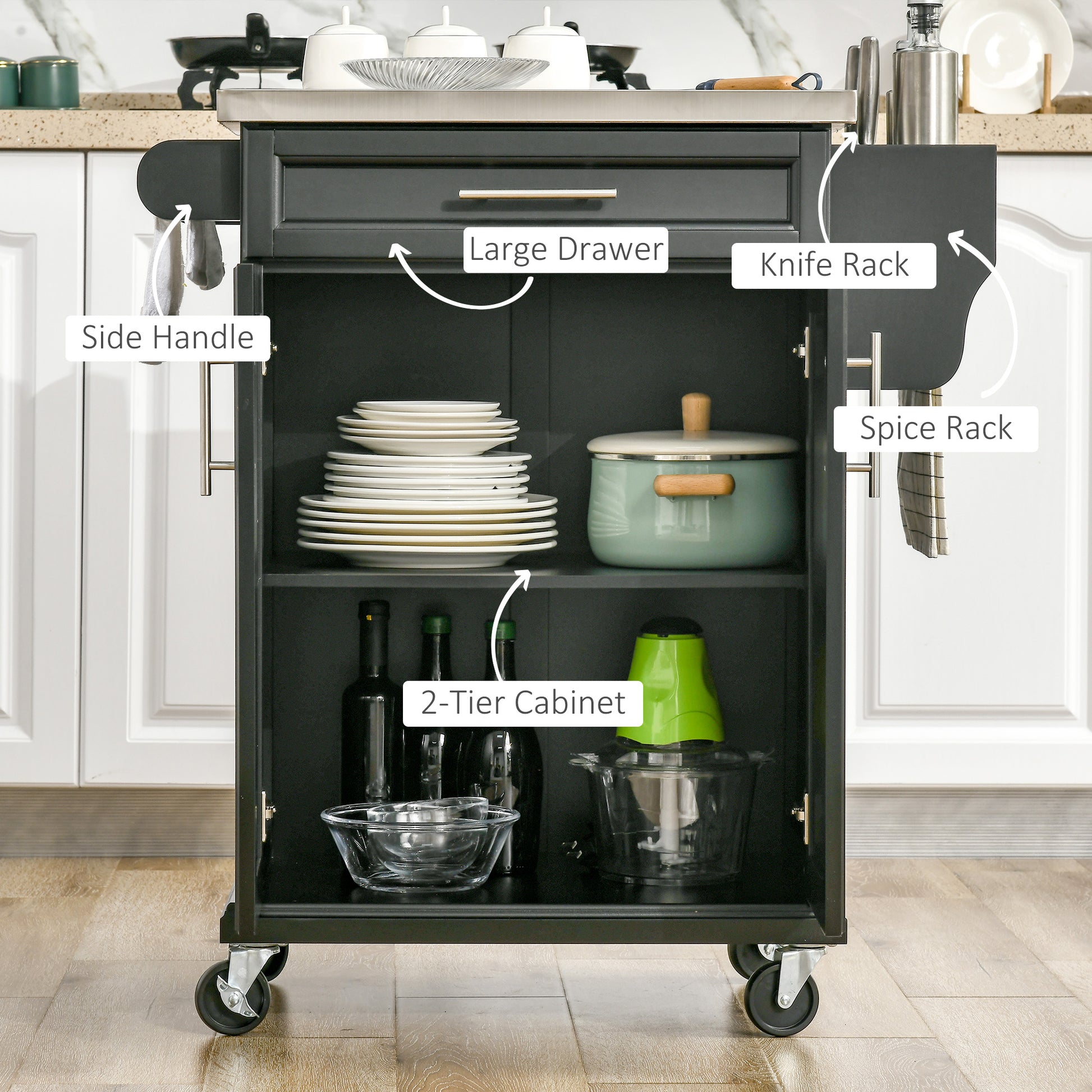 Kitchen Island with Stainless Steel Top, Rolling Kitchen Cart on Wheels with Storage Drawer, Cabinet, Towel Rack and Spi