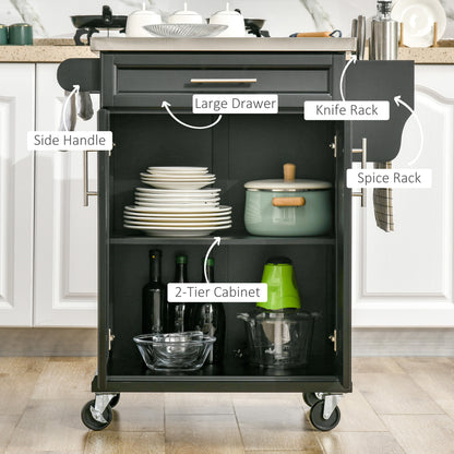 Kitchen Island with Stainless Steel Top, Rolling Kitchen Cart on Wheels with Storage Drawer, Cabinet, Towel Rack and Spi