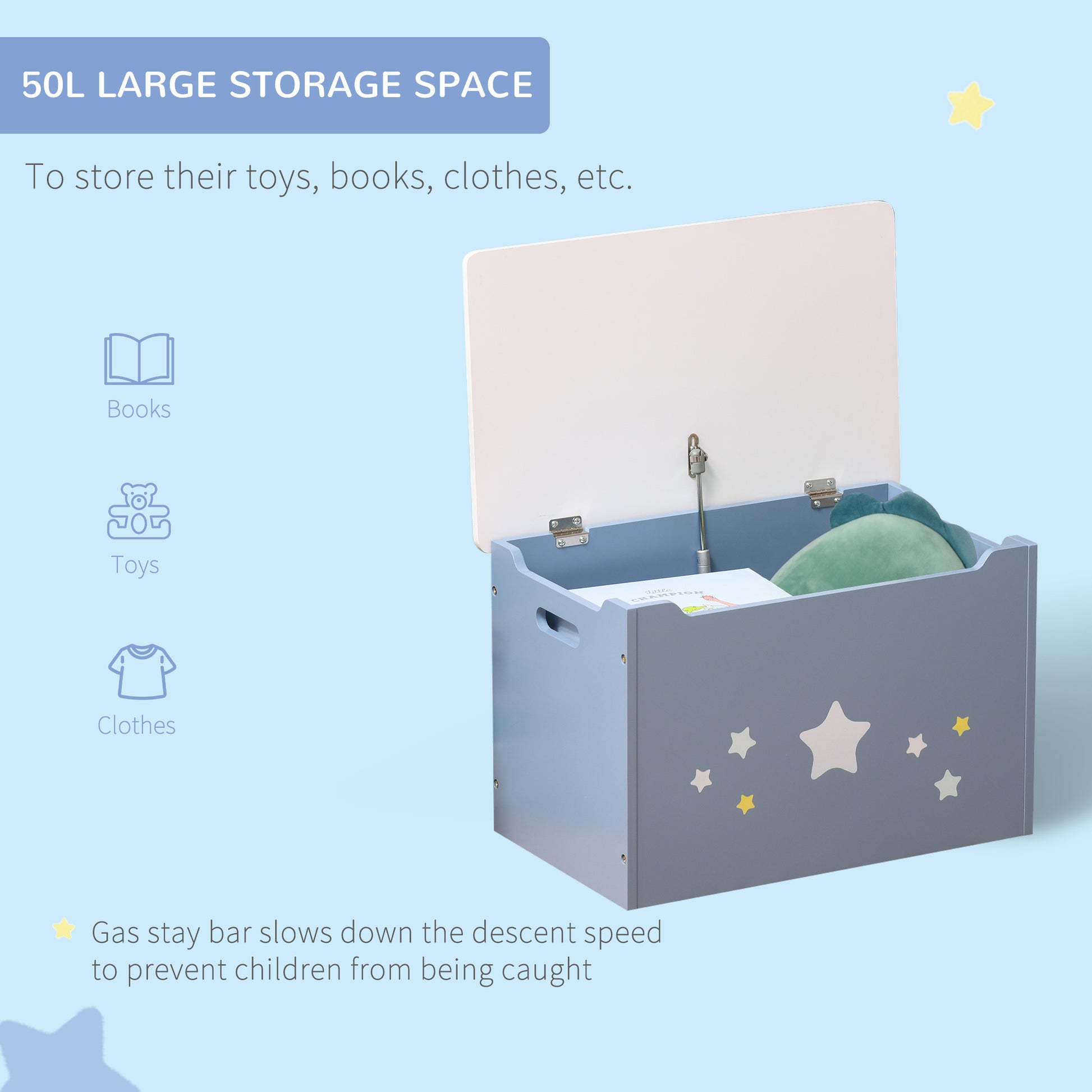 Qaba Kids Toy Storage Box, Organizer Chest with Gas Stay Bar Seating Bench, Blue