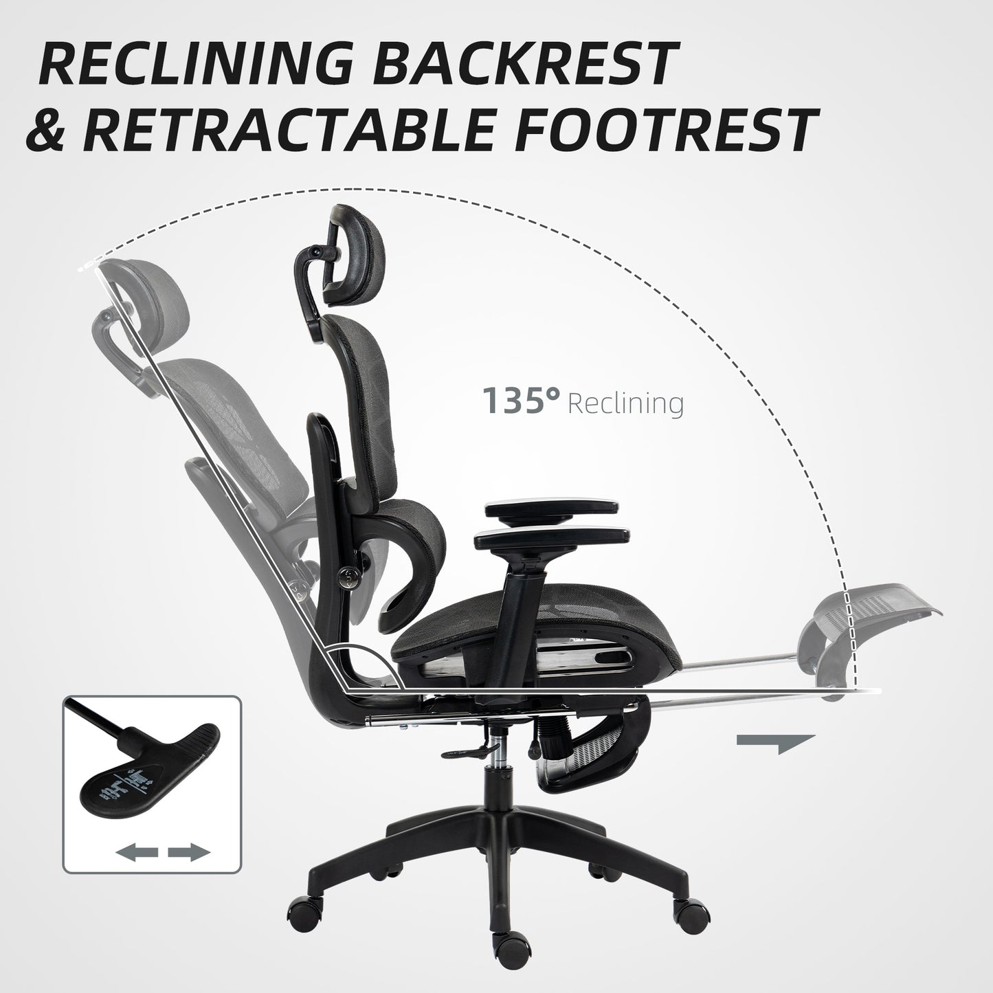 Mesh Office Chair with 3D Armrest, High Back Desk Chair with Lumbar Support, 135° Reclining, Adjustable Headrest, Black