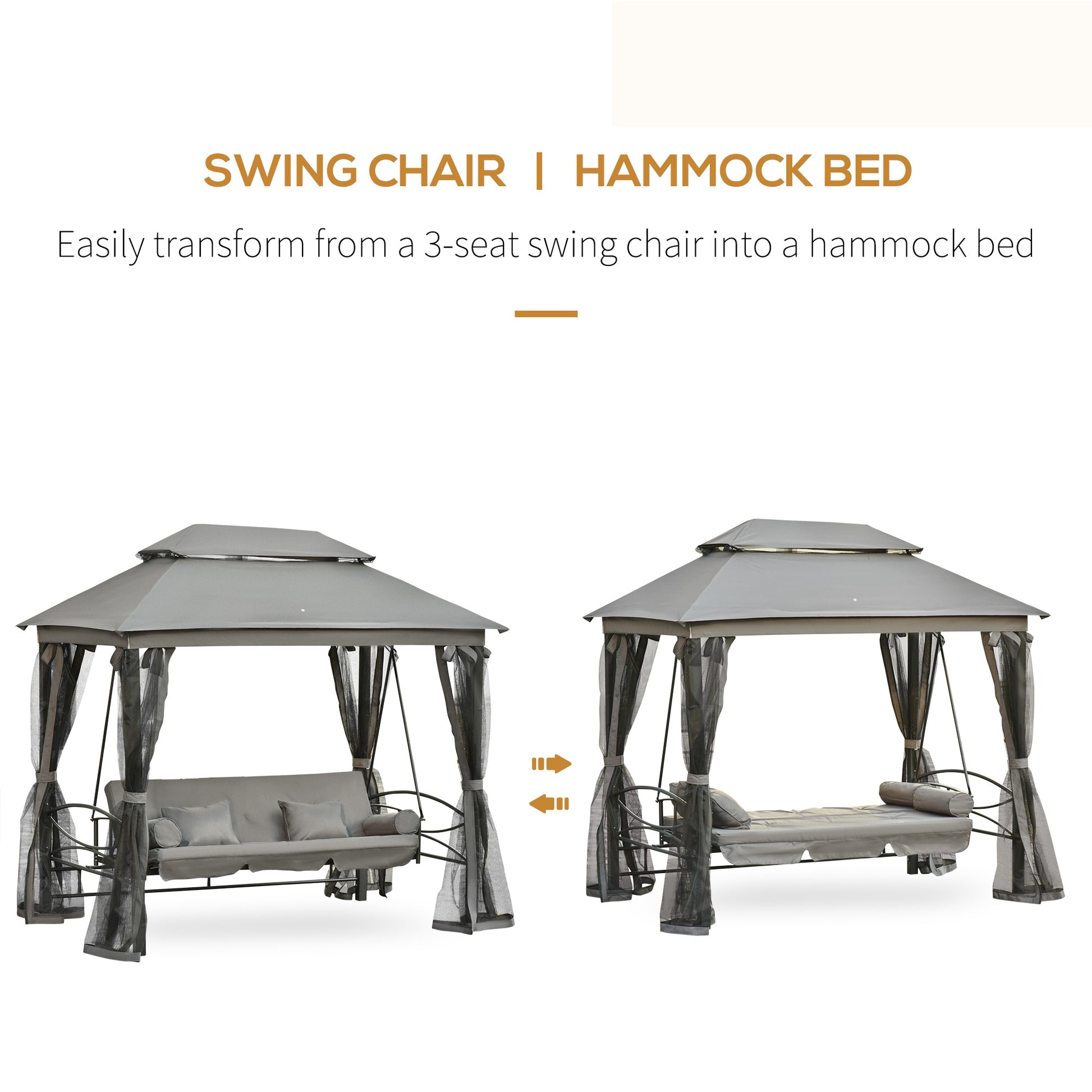 3 Person Outdoor Patio Daybed, 3 in 1 Canopy Gazebo Swing Chair Garden Hammock with Sun Shade, Mesh Mosquito and Net, Da