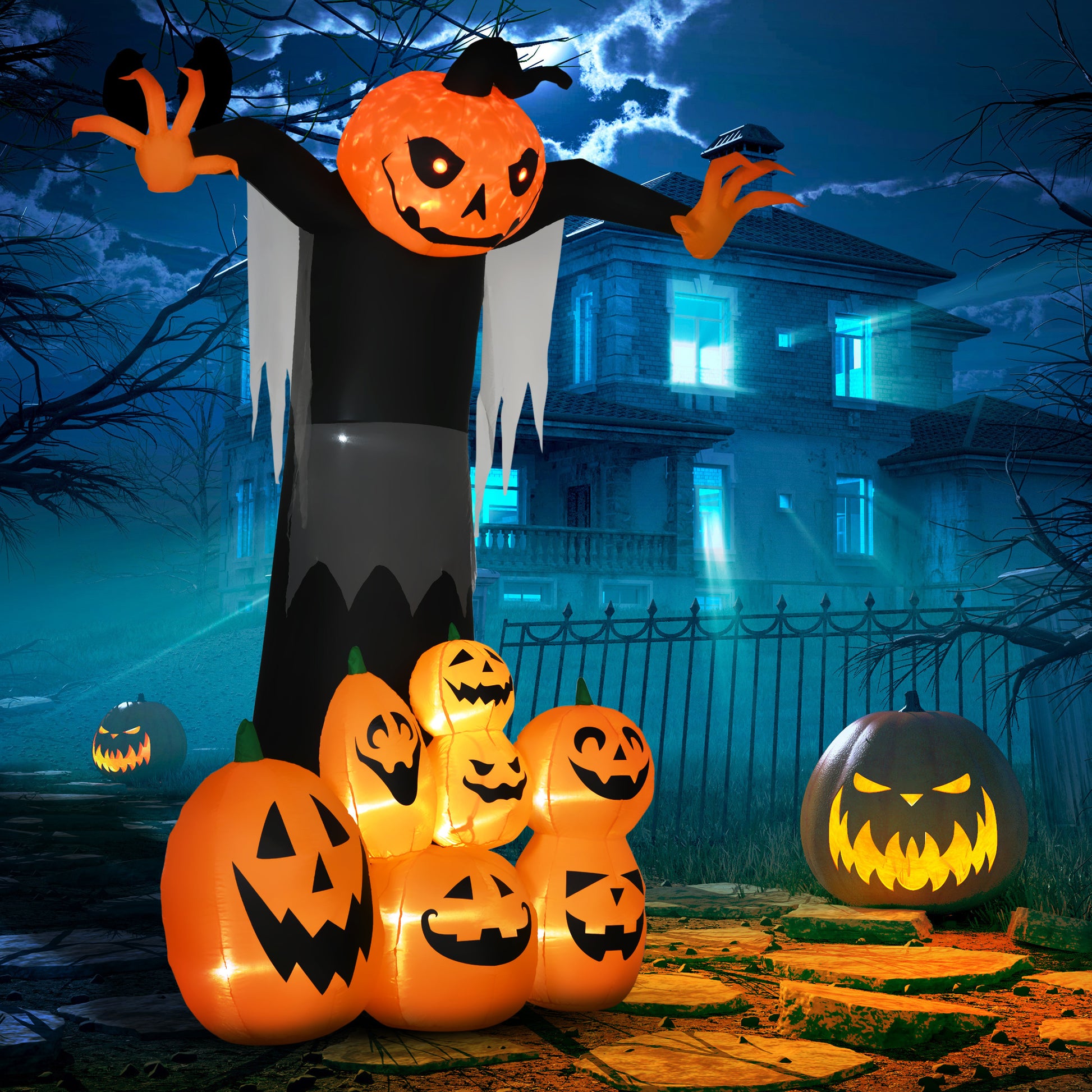 9ft Inflatable Halloween Decoration Pumpkin Ghost with Pumpkins, Blow-Up Outdoor LED Display for Lawn, Garden, Party