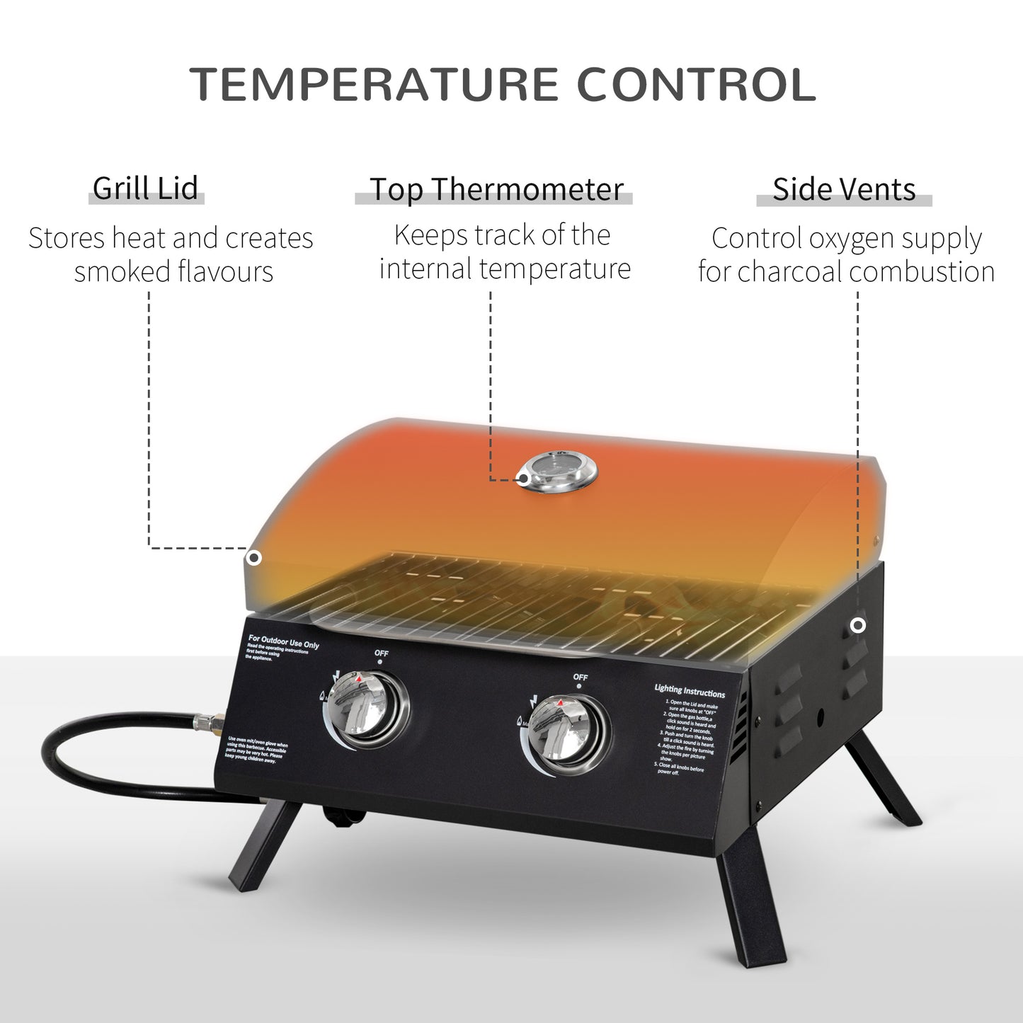2 Burner Propane Gas Grill, Outdoor Portable Tabletop BBQ with Foldable Legs, 10000 Each Burner, Lid, for Camping, Picni