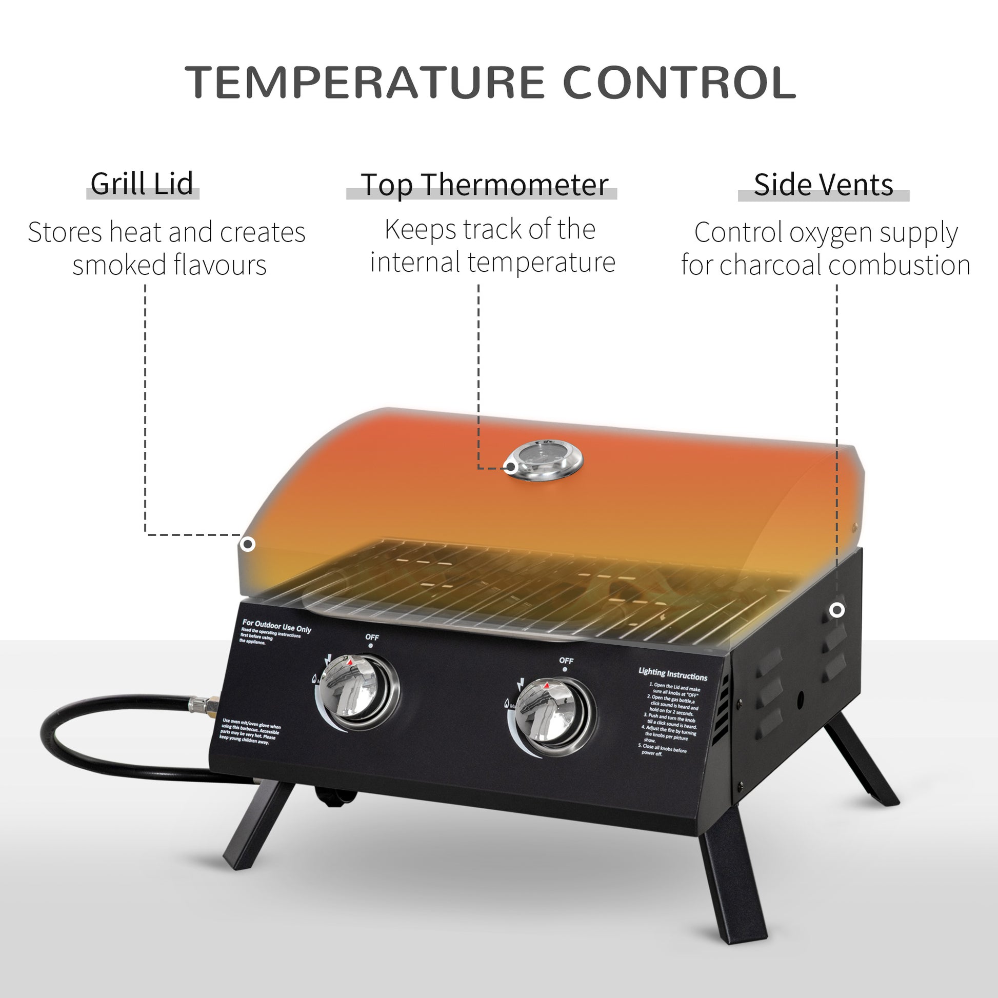 2 Burner Propane Gas Grill, Outdoor Portable Tabletop BBQ with Foldable Legs, 10000 Each Burner, Lid, for Camping, Picni