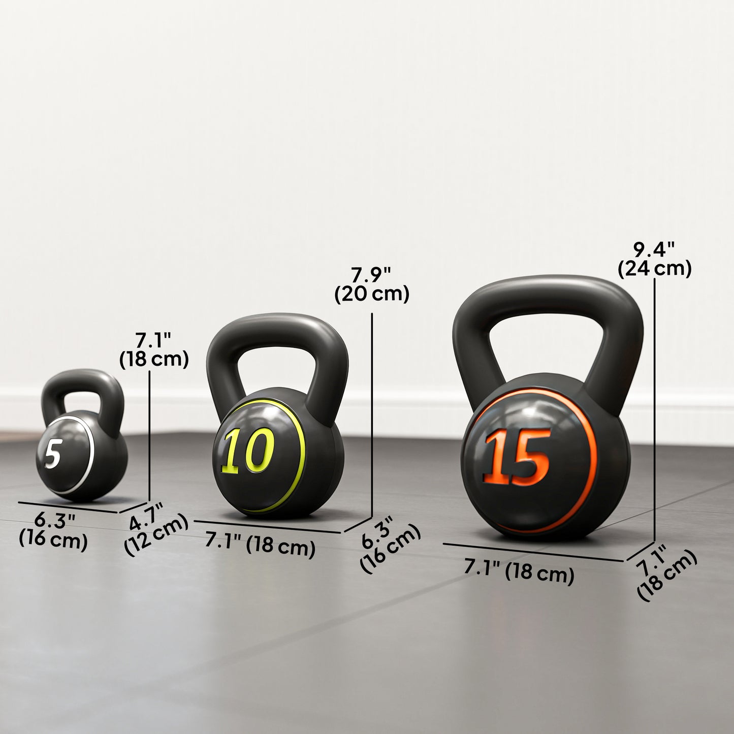 Soozier Three-Piece Kettlebell Set Weights with Storage Stand for Home Gym Weight Lifting Training, 5lbs, 10lbs, 15lbs (