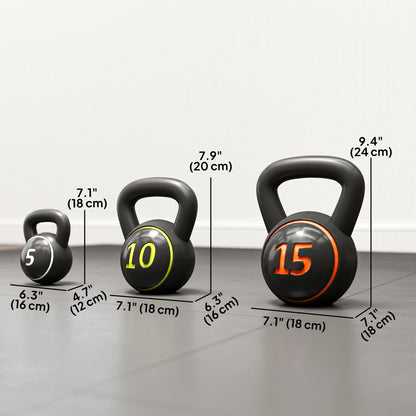 Soozier Three-Piece Kettlebell Set Weights with Storage Stand for Home Gym Weight Lifting Training, 5lbs, 10lbs, 15lbs (