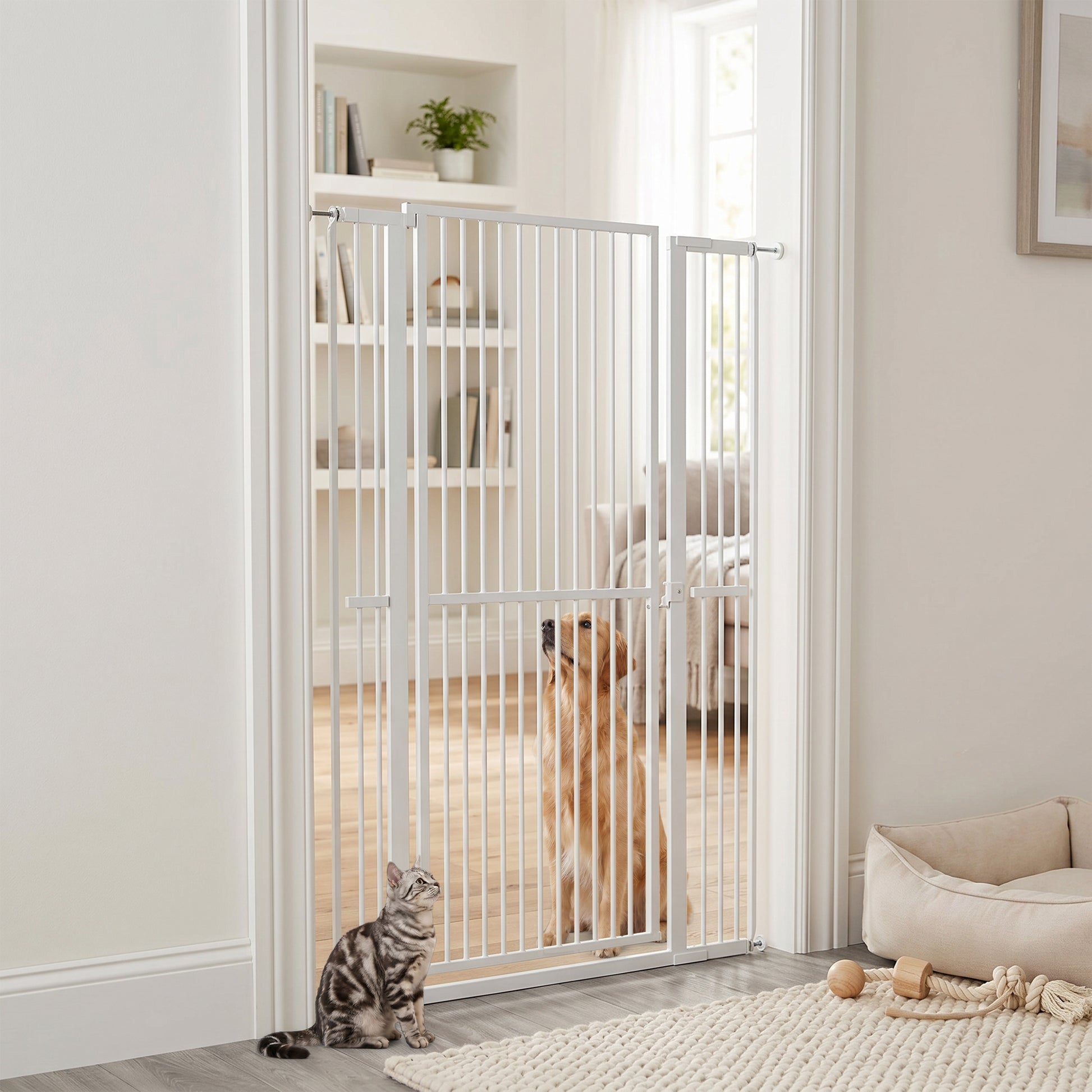 59" Extra Tall Cat Gate, 30"-41" Pet Gate with 2.8" and 5.5" Extensions, for Doorway, Hallway, Stairway, White