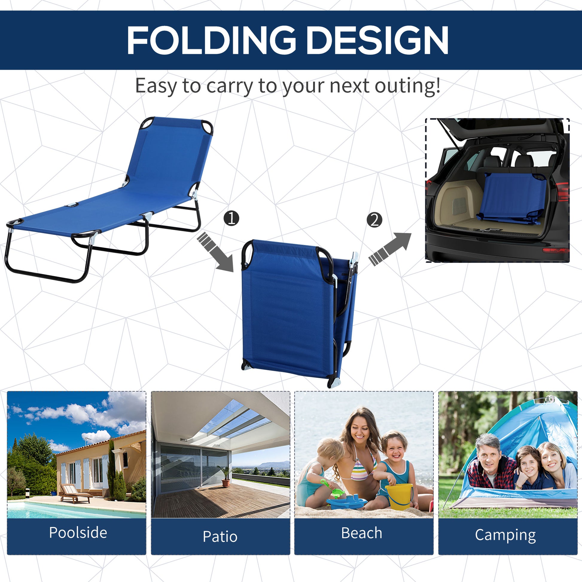Outdoor Lounge Chair, Adjustable Folding Chaise Lounge,  Tanning Chair with Sun Shade for Beach, Camping, Hiking, Backya