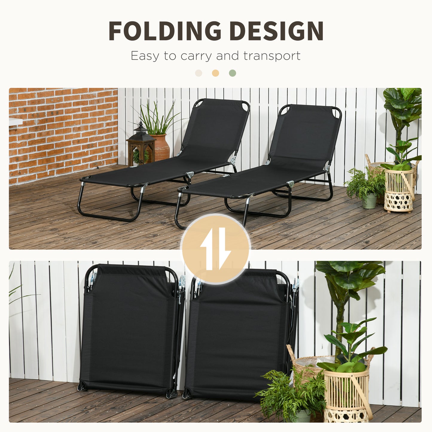 Set of 2 Folding Outdoor Lounge Chair, Sun Tanning Chairs with Reclining Back, Breathable Mesh for Beach Patio, Black