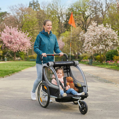VarietyKart 2 Seat Bike Trailer for Kids 2-in-1 Baby Stroller with Handbrake, Rubber Wheels, 5 Point Harness, Reflectors