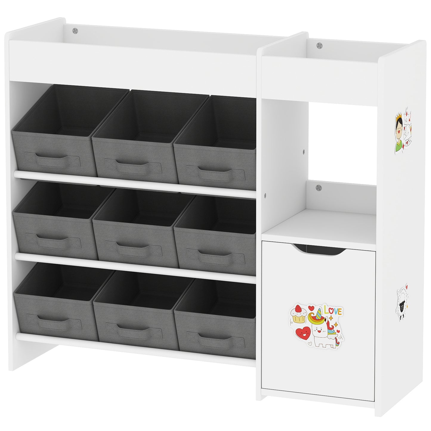 Qaba Toy Storage Organizer with 9 Non-Woven Fabric Boxes, Storage Cabinet & Shelves, for Kids Room, Nursery, Playroom Wh