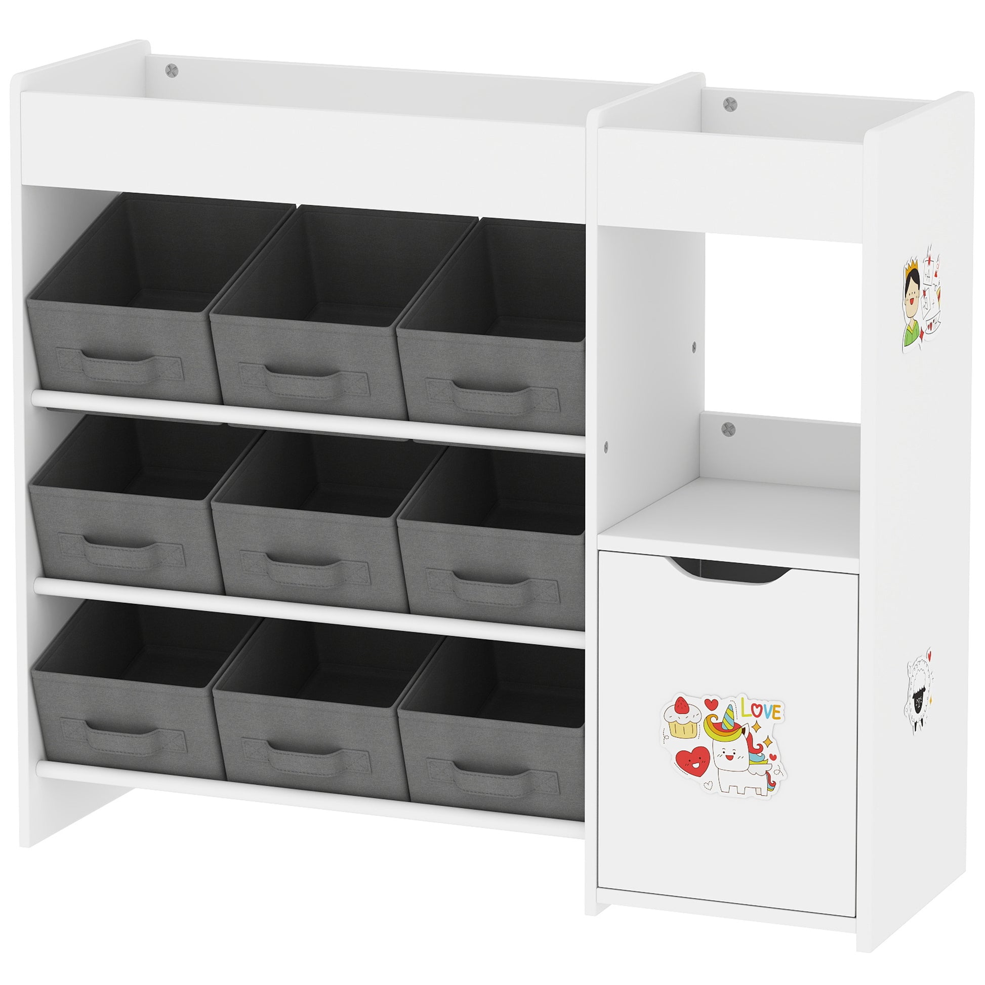 Qaba Toy Storage Organizer with 9 Non-Woven Fabric Boxes, Storage Cabinet & Shelves, for Kids Room, Nursery, Playroom Wh