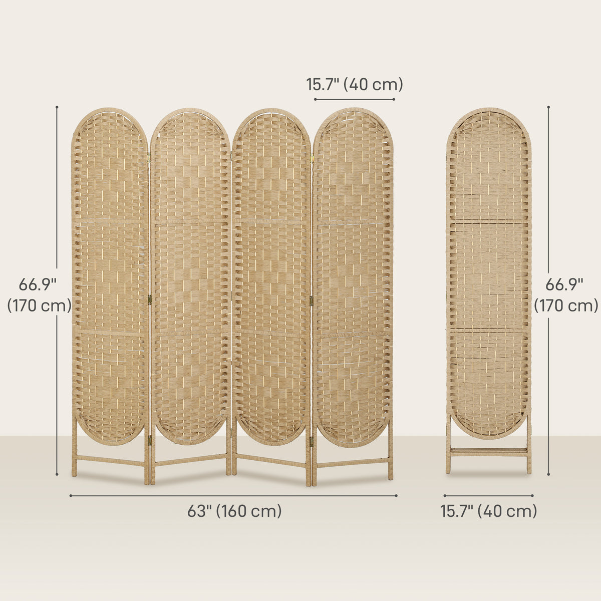 Bohemian Privacy Screen, Folding Room Divider with 4 Panels and Arched Top for Bedroom Living Room Office, Natural Wood