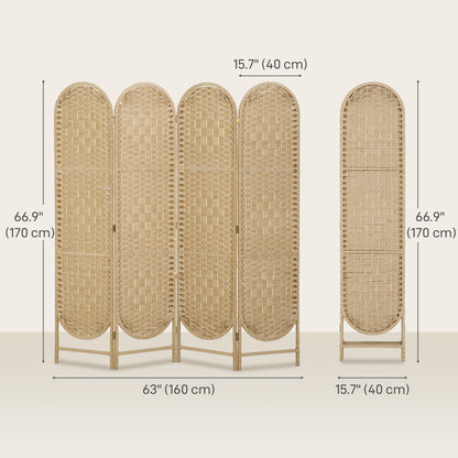 Bohemian Privacy Screen, Folding Room Divider with 4 Panels and Arched Top for Bedroom Living Room Office, Natural Wood