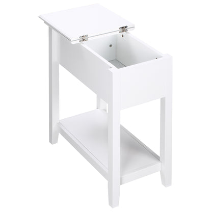Flip Top End Table, Side Table with Storage Shelf and Cable Management, Narrow Nightstand for Living Room, Bedroom, Whit