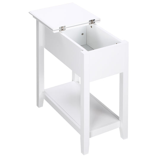 Flip Top End Table, Side Table with Storage Shelf and Cable Management, Narrow Nightstand for Living Room, Bedroom, Whit