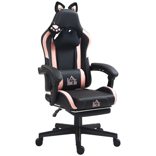 Cute Racing Gamer Chair, Faux Leather Gaming Chair with Footrest, Headrest and Lumbar Support, Black