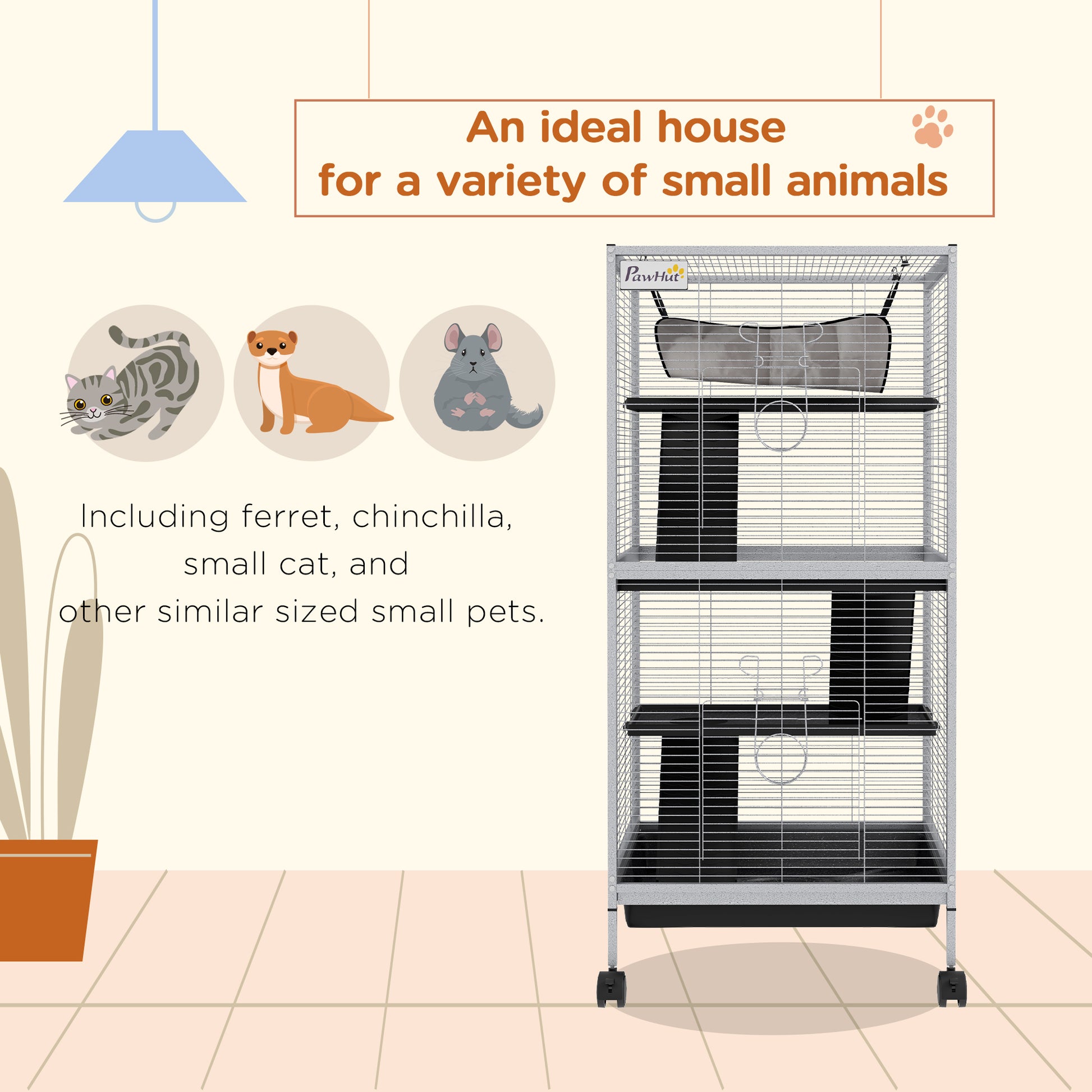 Steel Small Animal Cage for Ferret, Chinchilla, Kitten and Rabbit, Light Grey