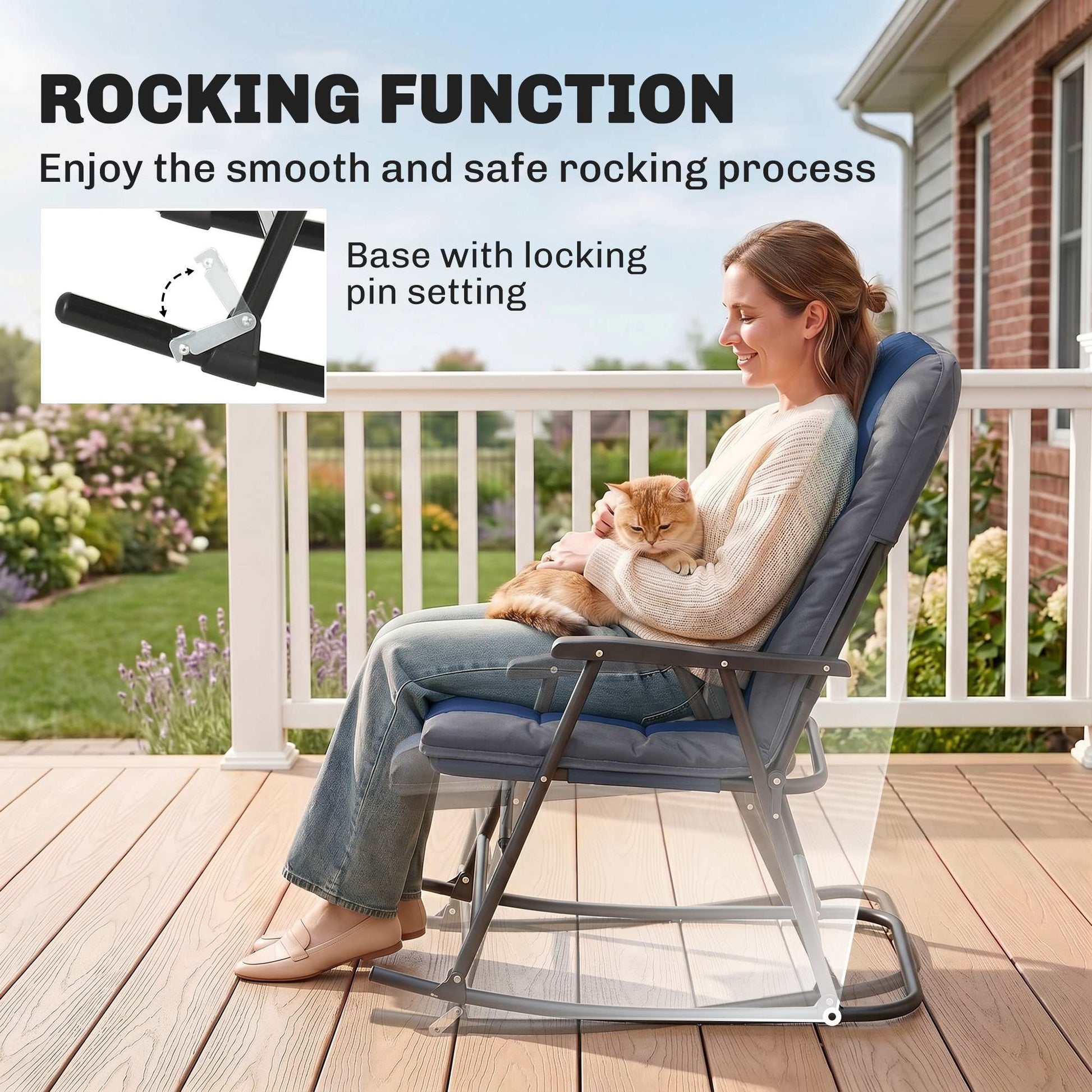 3pc Patio Foldable Rocking Chair Set, Outdoor Rocking Chairs and Table Bistro Set w/ Padded Seat, Headrest, Backrest for