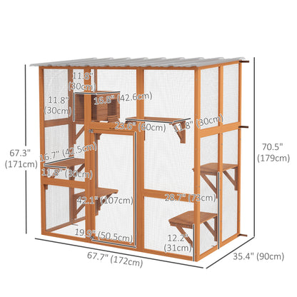 Large Outdoor Catio with Weatherproof Roof, Bridge, Resting Box, Platforms, Orange