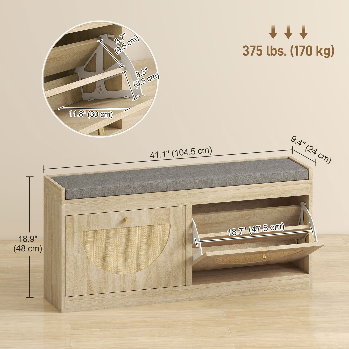 Shoe Bench with Flip Doors, Seat Cushion, Adjustable Shelves for 8 Pairs, Boho Entryway Bench for Bedroom, Natural Wood