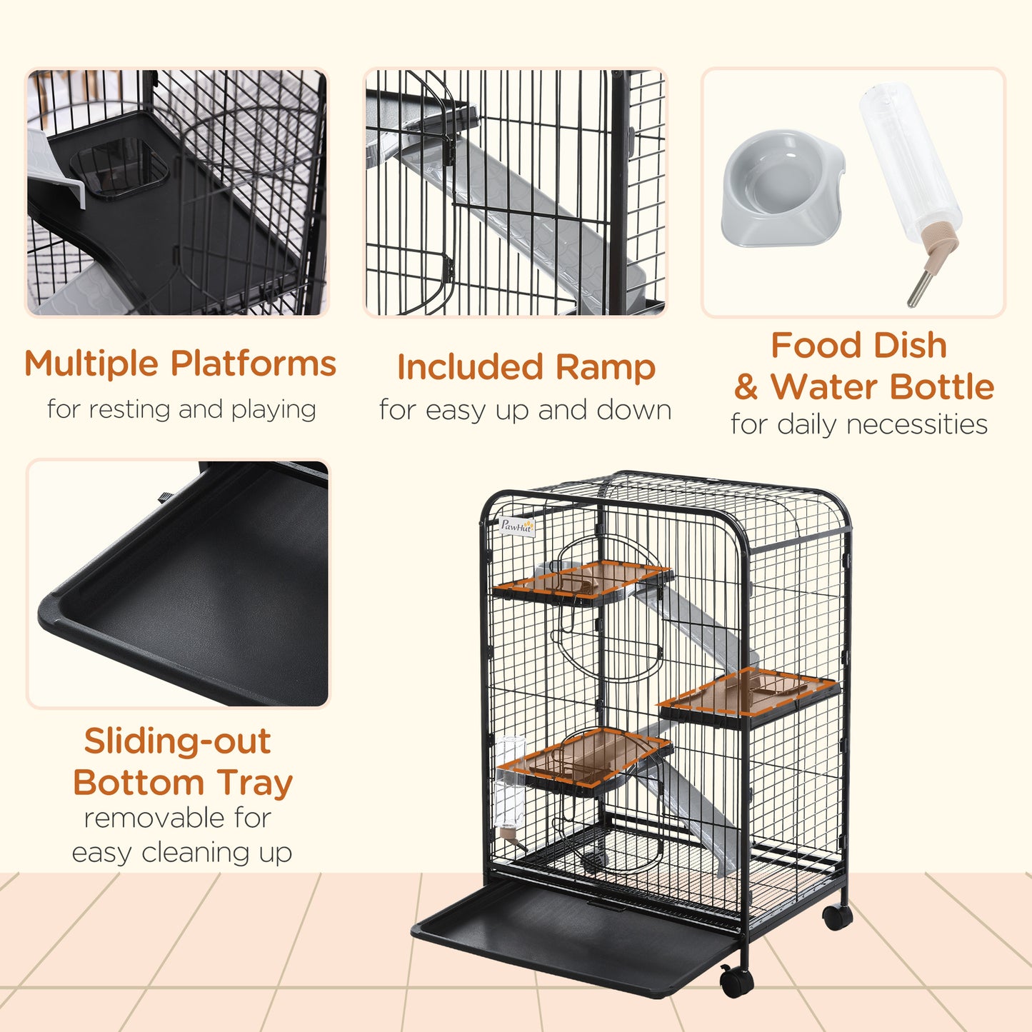 37"H Ferret Cage, 4-Tier Rolling Rabbit Ferret Chinchilla Squirrel Cage with Removable Tray, Platform, Ramp, Food Dish, 