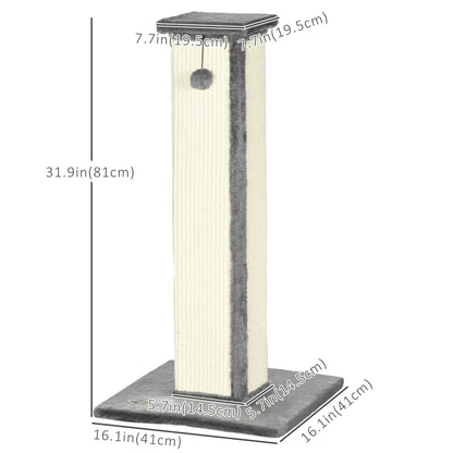 32" Tall Cat Scratching Post for Indoor Cats and Kittens, Sisal Cat Scratcher with Hanging Ball Soft Plush, Grey