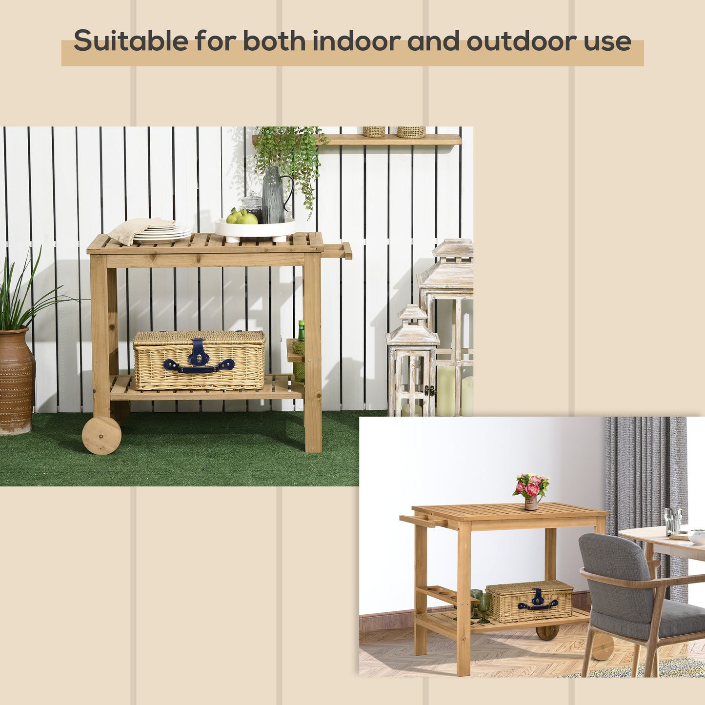 Outdoor Bar Cart, Wood Rolling Home Bar & Serving Cart with 2 Shelves, Wine Bottle Holders for Garden, Dining Room, Natu