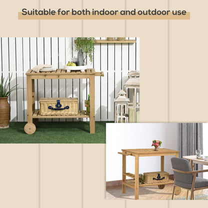 Outdoor Bar Cart, Wood Rolling Home Bar & Serving Cart with 2 Shelves, Wine Bottle Holders for Garden, Dining Room, Natu
