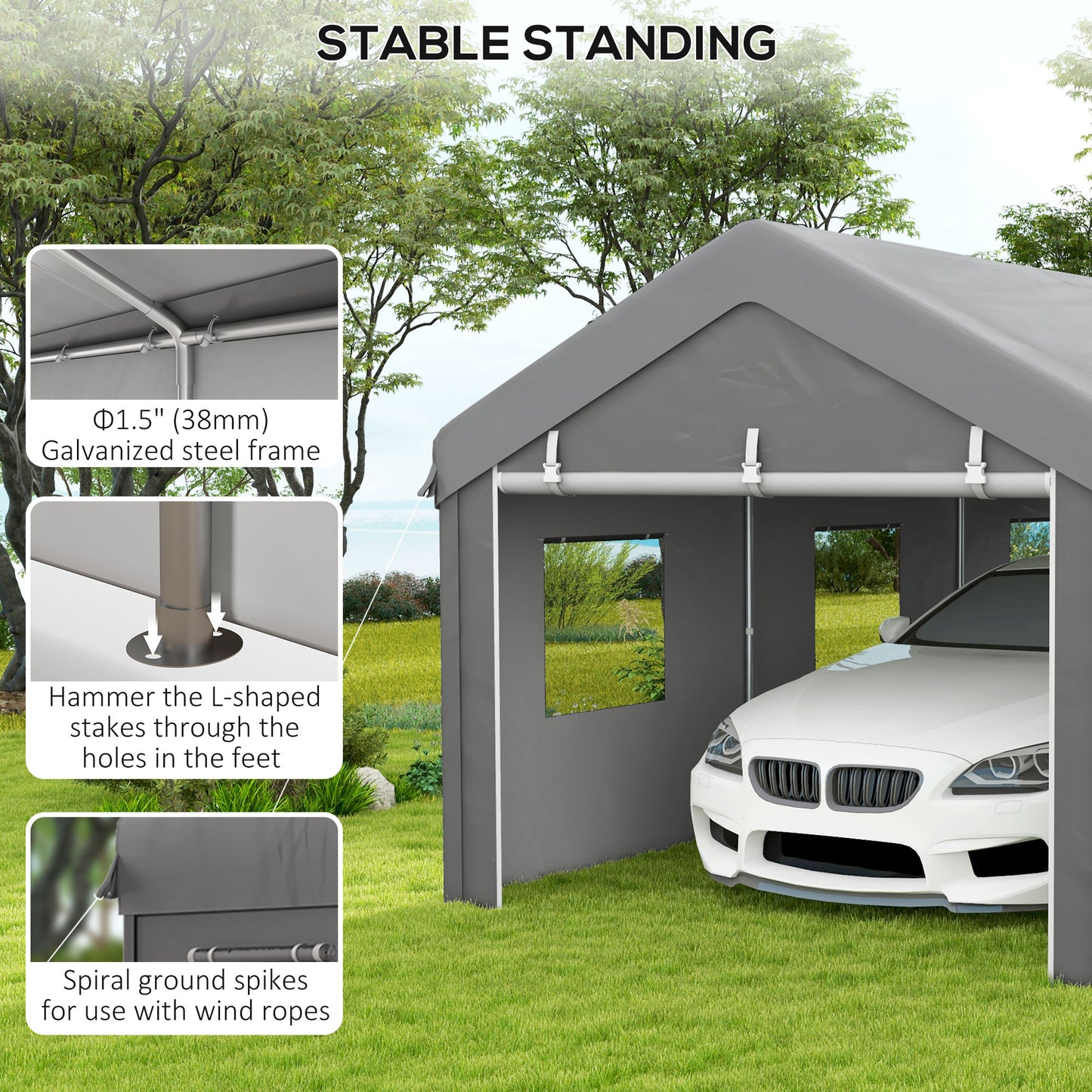 10' x 20' Carport, Heavy Duty Portable Garage with 6 Mesh Windows and 2 Doors, Light Grey