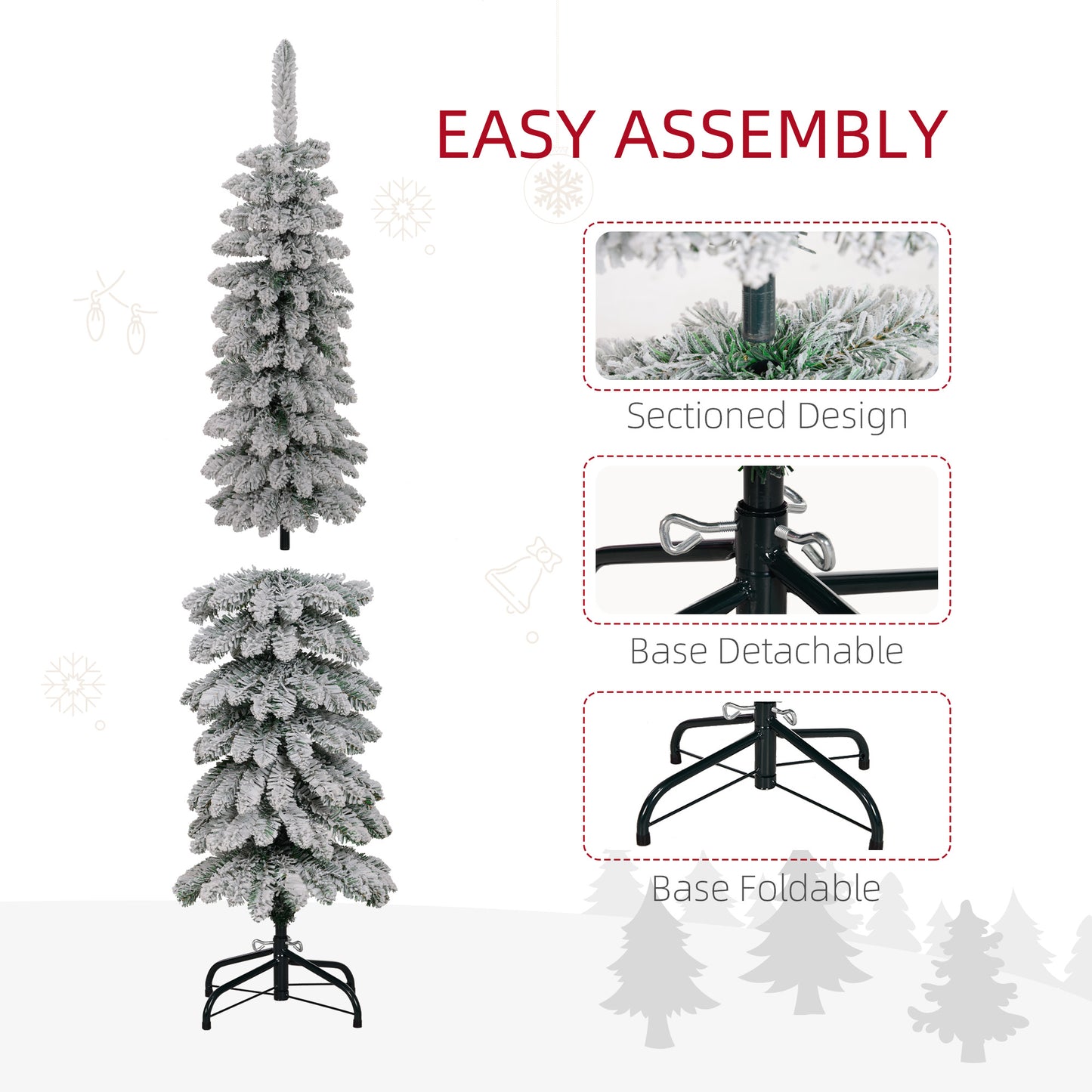 5ft Snow-Flocked Artificial Christmas Tree, Slim Pencil Xmas Tree with 301 Realistic Branches, Metal Base, Green