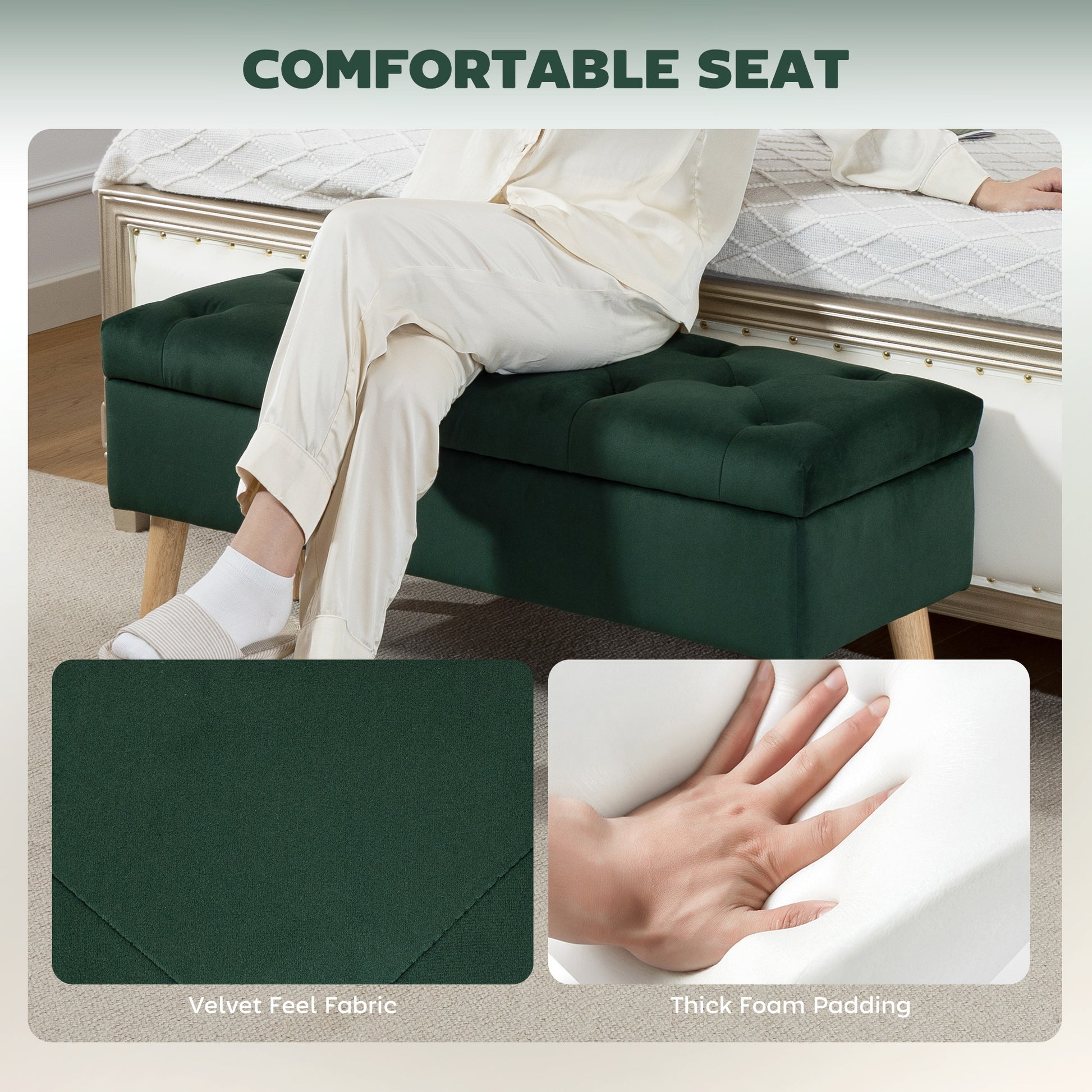 Storage Ottoman with Lid, Velvet Upholstered Storage Bench with Wood Legs for Living Room, Dark Green