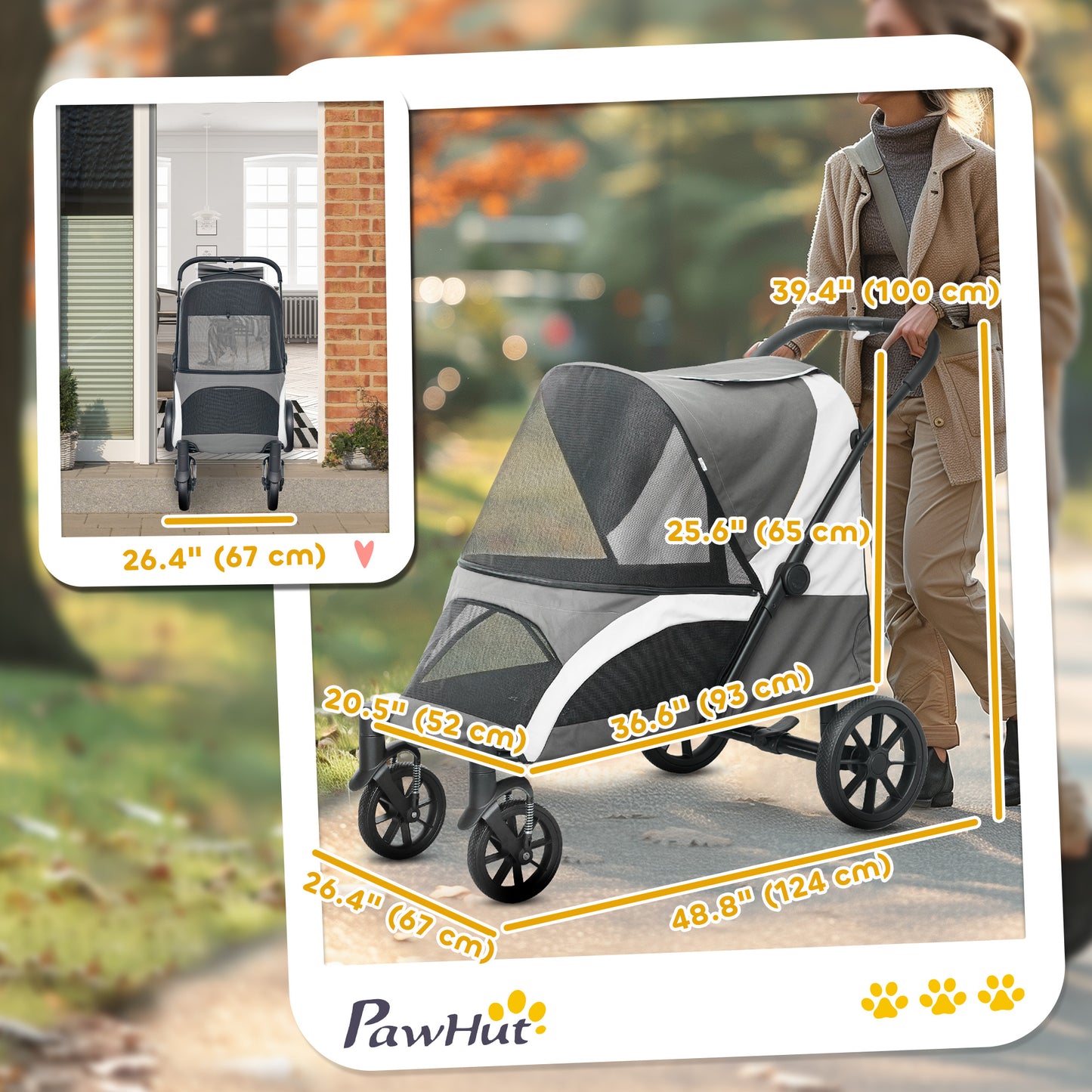Foldable Pet Stroller for Medium Dogs with Four Big Wheels, Shock-Absorbing Frame, Safety Leashes, Brakes, Dark Grey
