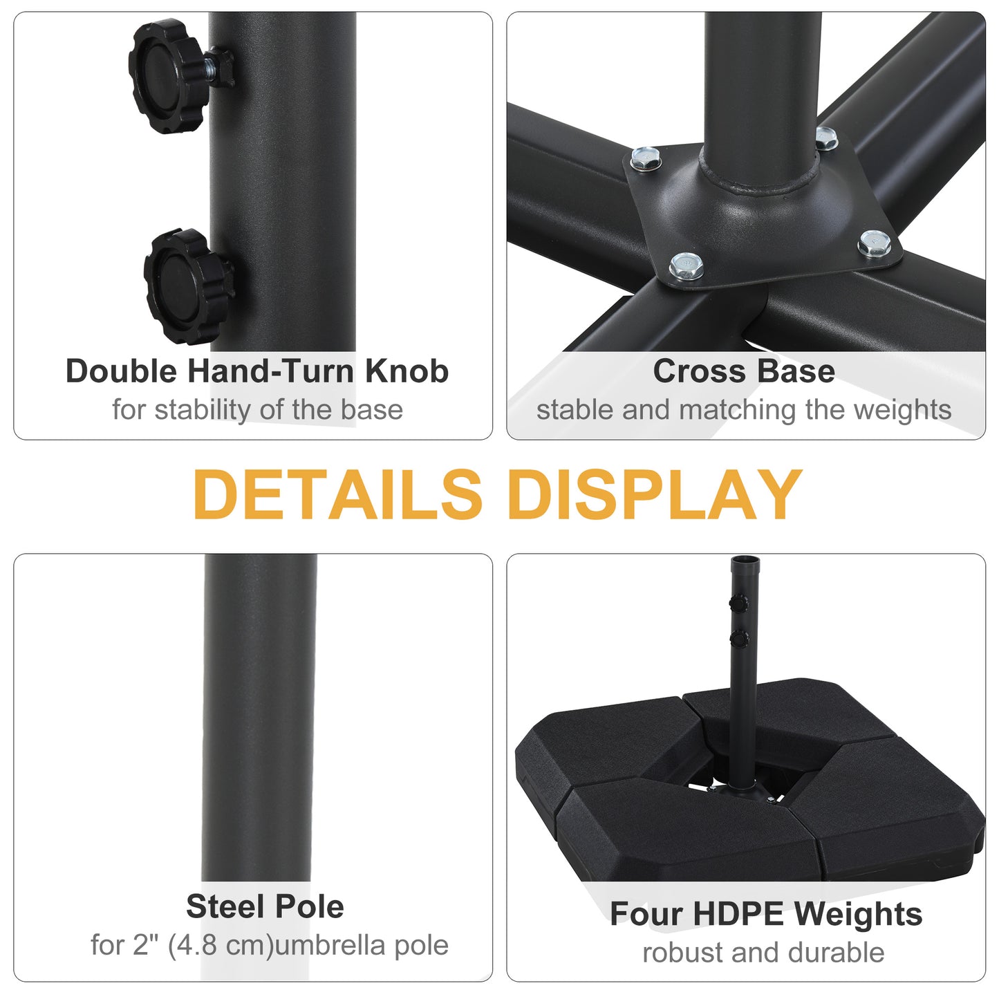 Umbrella Stand Fitting 2" Poles and Steel Base with 4 Fillable Plastic Weights, 158lbs Sand or 132lbs Water Filled, Blac