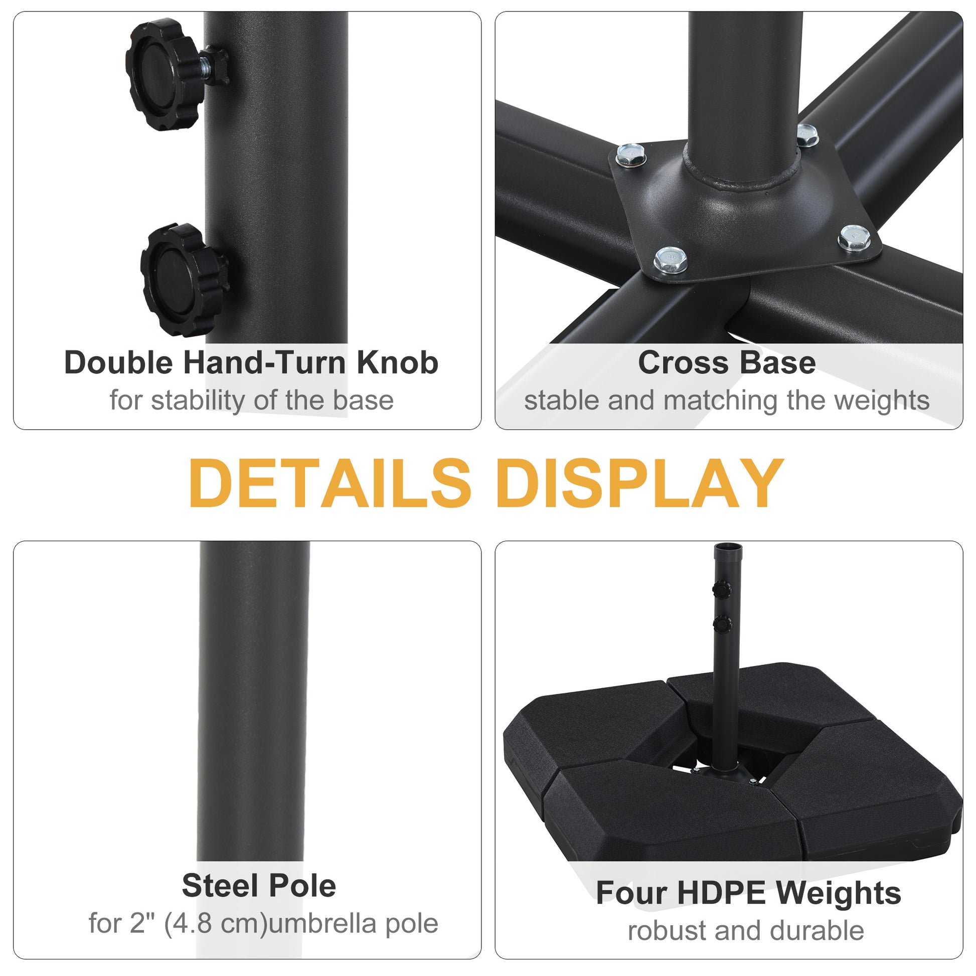 Umbrella Stand Fitting 2" Poles and Steel Base with 4 Fillable Plastic Weights, 158lbs Sand or 132lbs Water Filled, Blac