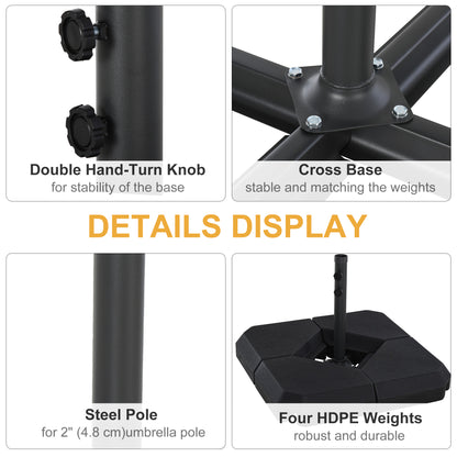 Umbrella Stand Fitting 2" Poles and Steel Base with 4 Fillable Plastic Weights, 158lbs Sand or 132lbs Water Filled, Blac