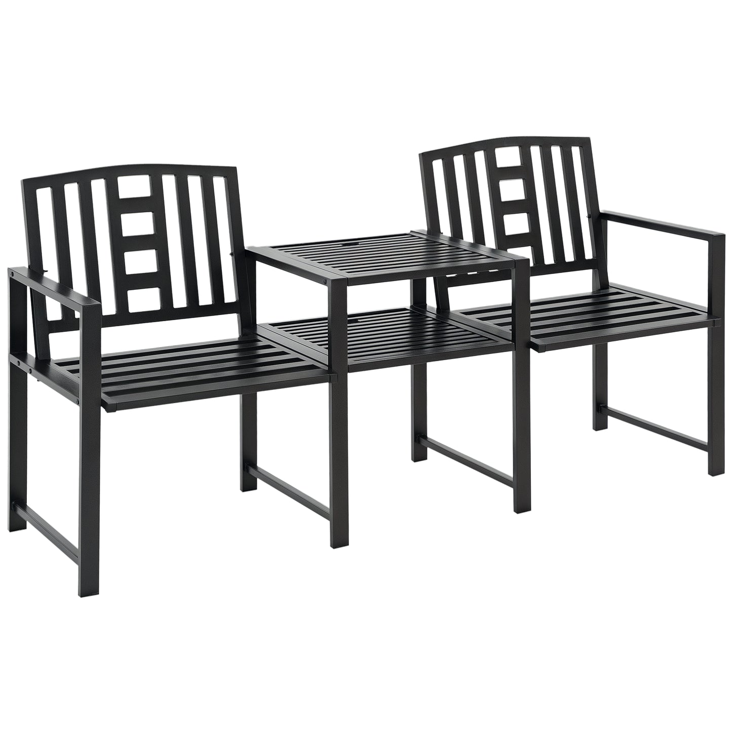 Steel Garden Bench w/ Middle Table, Umbrella Hole, Double Seat for Outdoor, Patio, Backyard  Weather-Resistant Frame, Bl