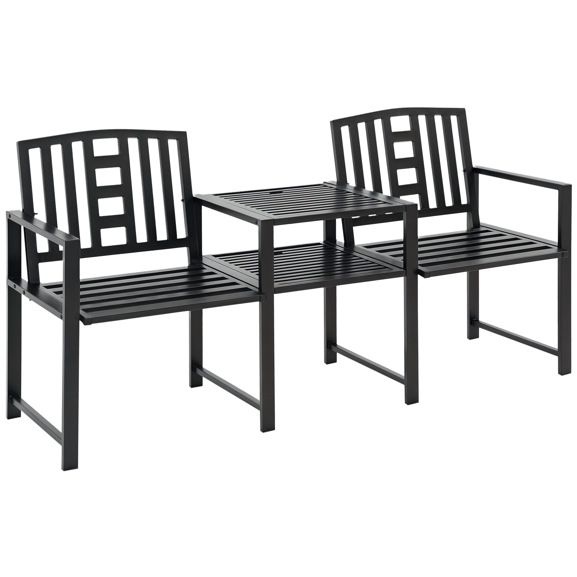 Steel Garden Bench w/ Middle Table, Umbrella Hole, Double Seat for Outdoor, Patio, Backyard  Weather-Resistant Frame, Bl