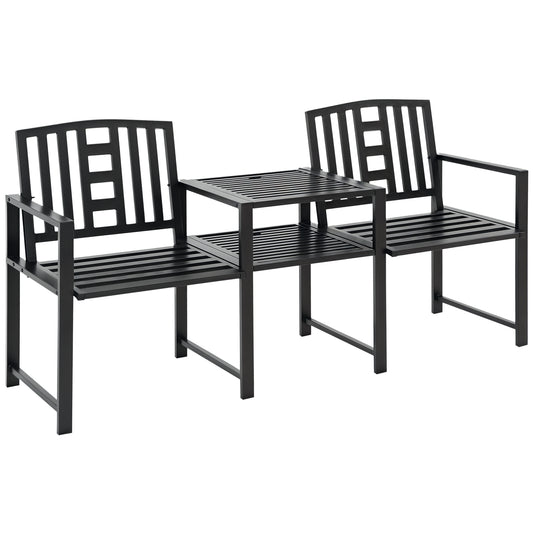 Steel Garden Bench w/ Middle Table, Umbrella Hole, Double Seat for Outdoor, Patio, Backyard  Weather-Resistant Frame, Bl