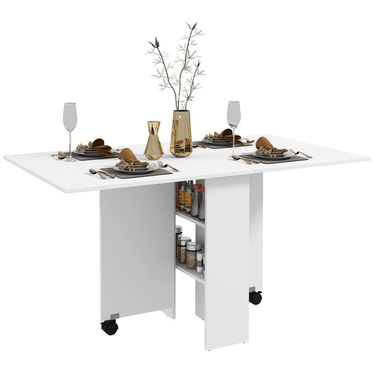 Folding Dining Table, 55" Drop Leaf Table for Small Spaces, Foldable Table with Storage Shelves for Kitchen, Dining Room