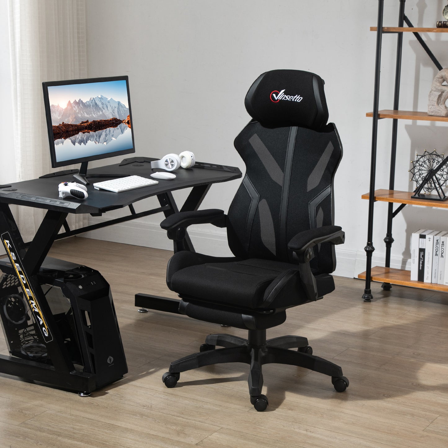 Gaming Chair, Ergonomic Computer Chair with Footrest, Headrest, Recliner Swivel Seat with Adjustable Height, Black