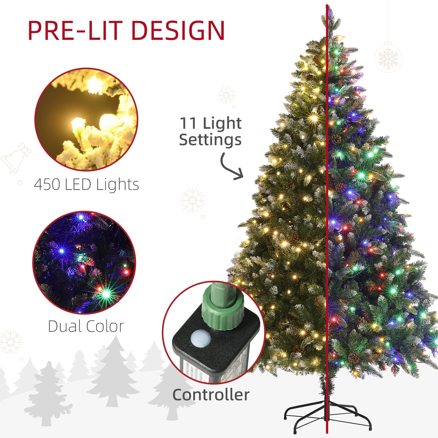 7 Foot Prelit Artificial Christmas Tree with Dual Colour LED Light, Hinged Xmas Tree for Home Office Holiday