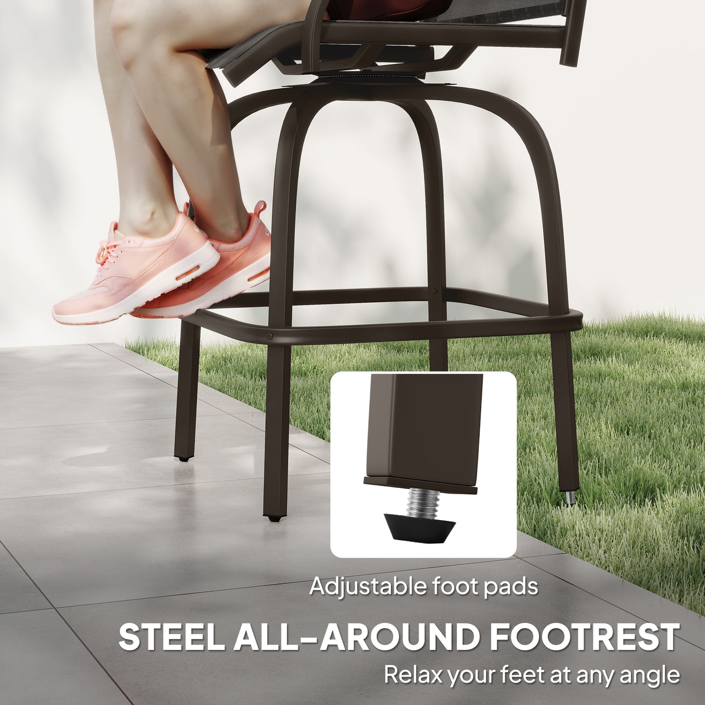 Outdoor Bar Stools Set of 2, Swivel Bar Height Chairs with High Back, Curved Armrests and Steel Frame, Black