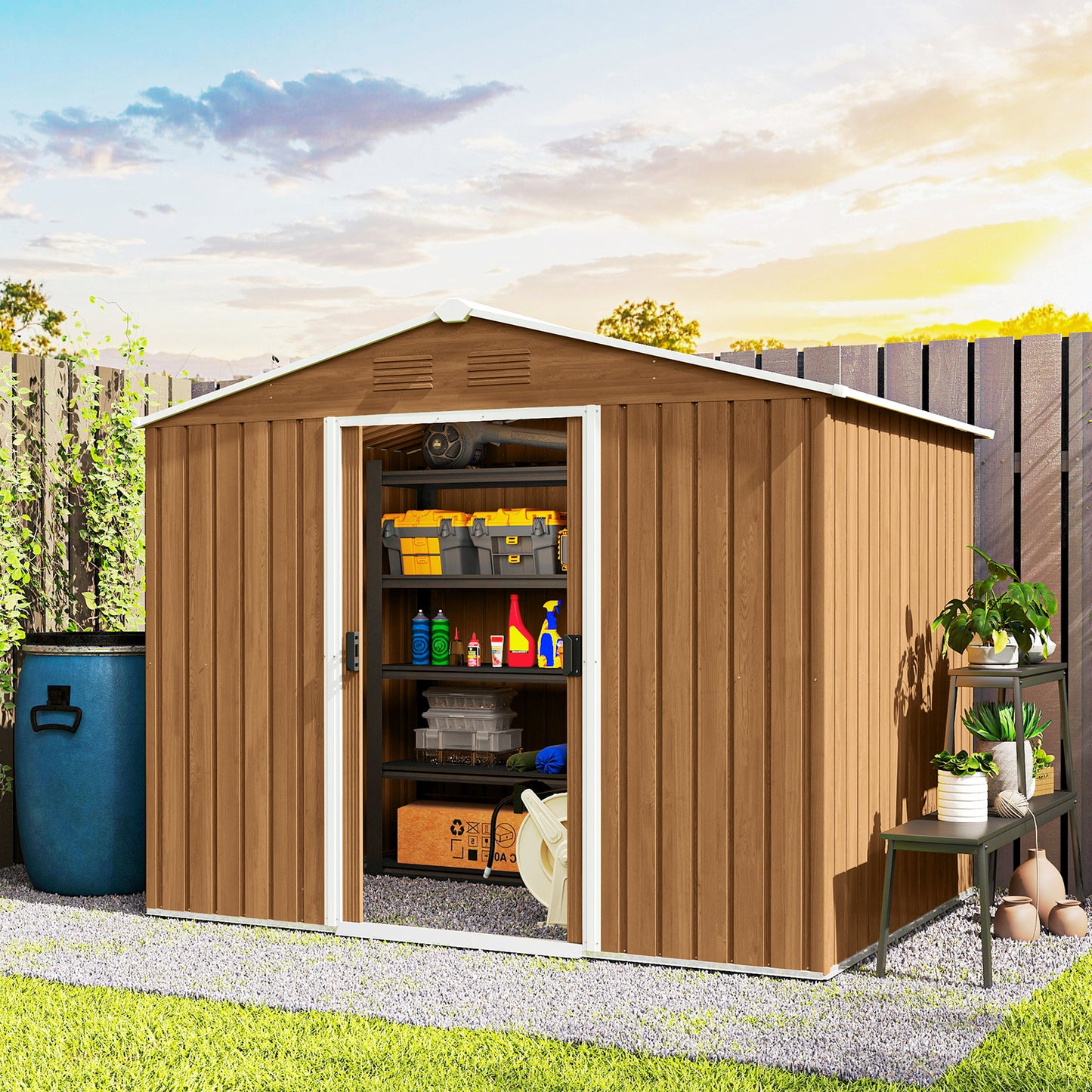 8' x 6' Outdoor Storage Shed, Metal Garden Tool Storage House with Lockable Sliding Doors and Vents for Backyard Patio L