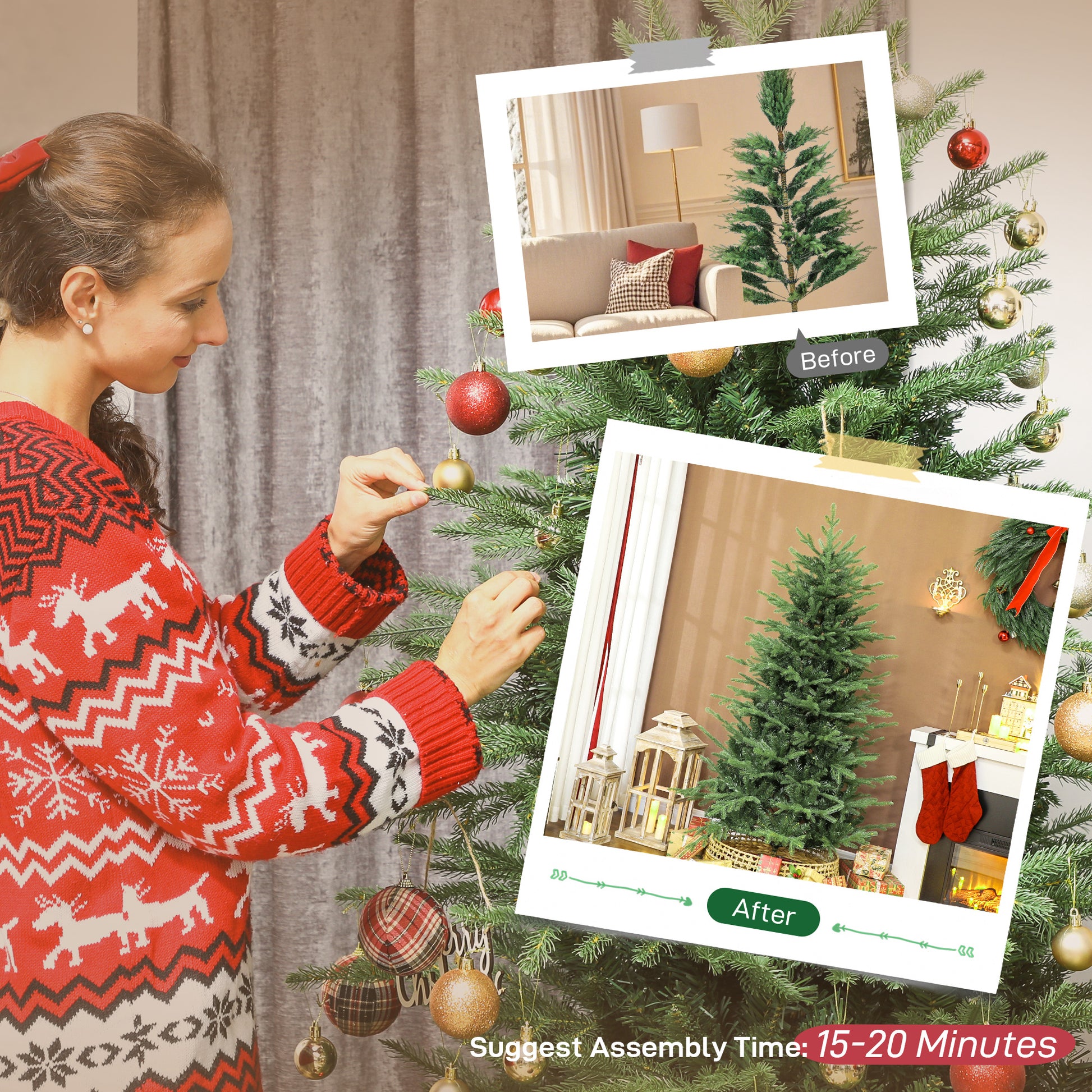 6 ft Artificial Christmas Tree with Dense Realistic Branches, Full Ponderosa Fir, Hinged Xmas Tree, Easy Assembly
