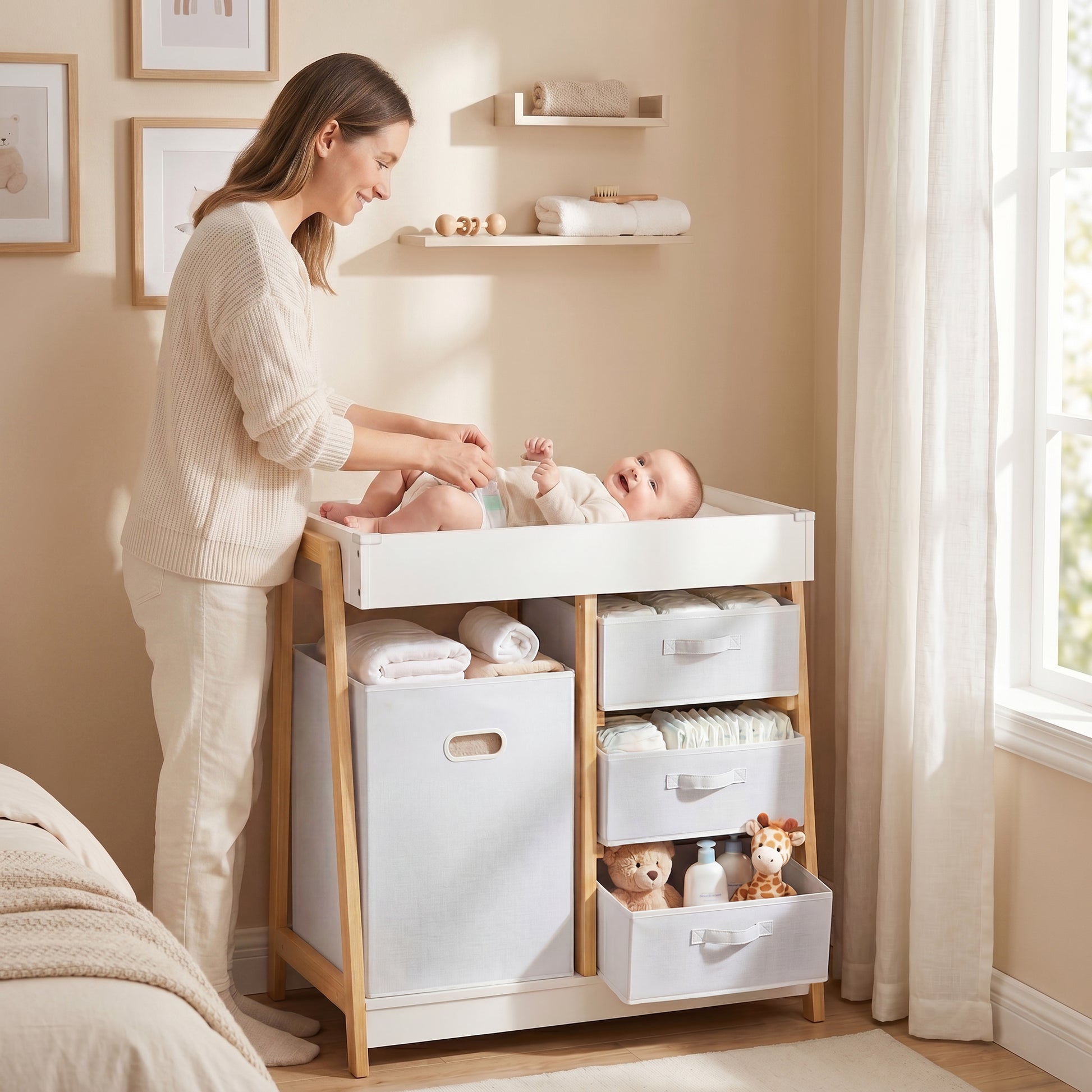Qaba Baby Changing Table, Diaper Changing Station with Waterproof Pad, 3 Drawers and Large Basket for Newborn & Infant, 