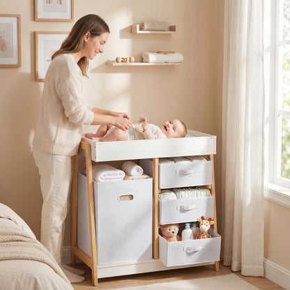 Qaba Baby Changing Table, Diaper Changing Station with Waterproof Pad, 3 Drawers and Large Basket for Newborn & Infant, 