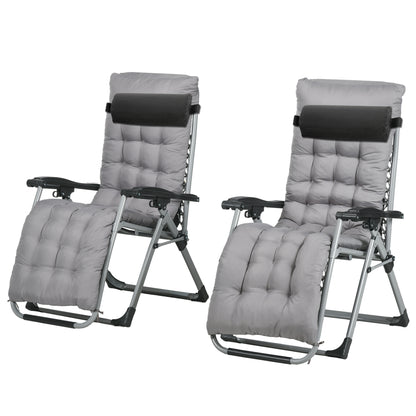 Folding Garden Chairs Set of 2, Reclining Zero Gravity Chair, Sun Lounger with Cushion and Headrest, Dark Grey