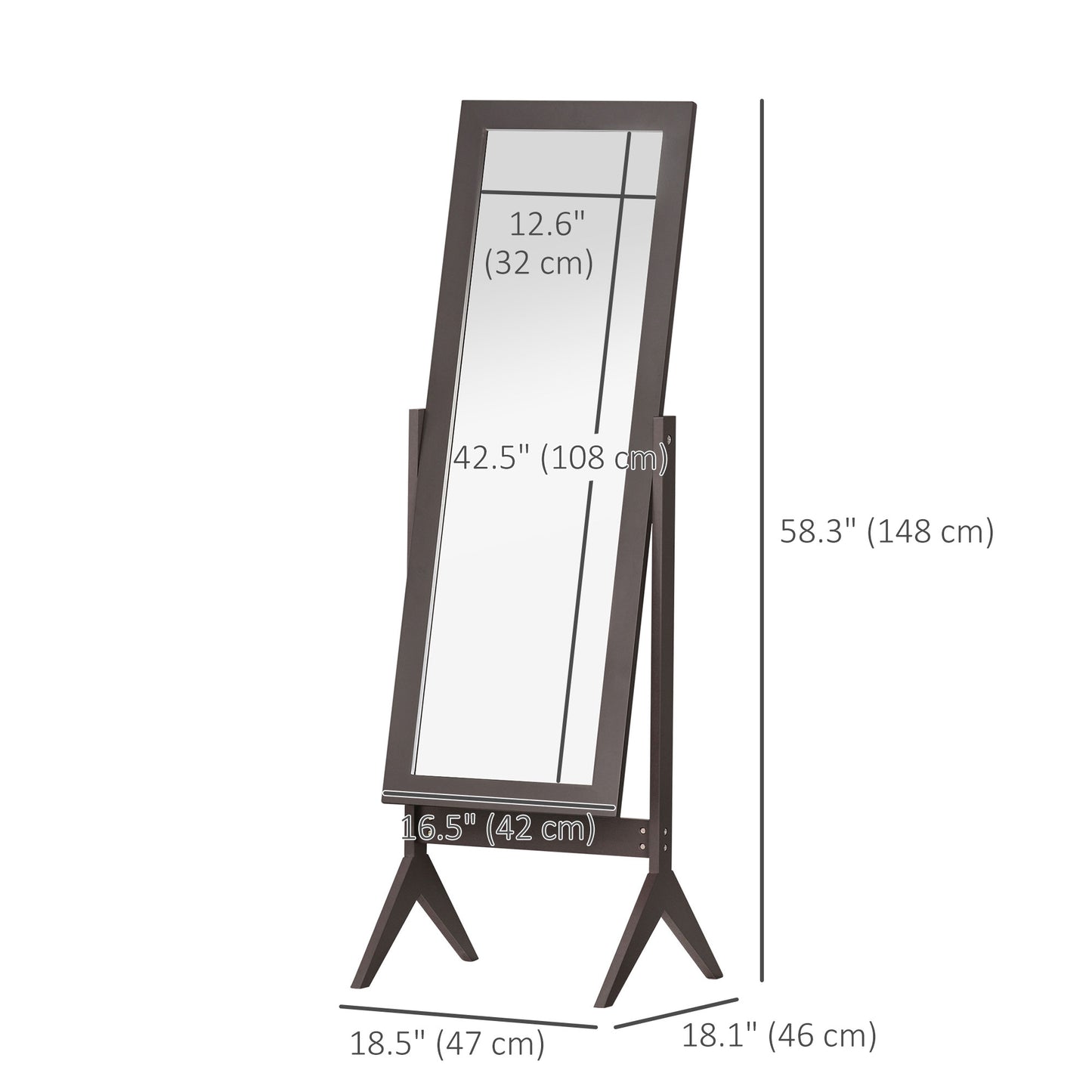 Full Length Mirror, Free Standing Full Body Mirror with Rectangular Frame, Adjustable Angle for Dressing Room, Bedroom, 