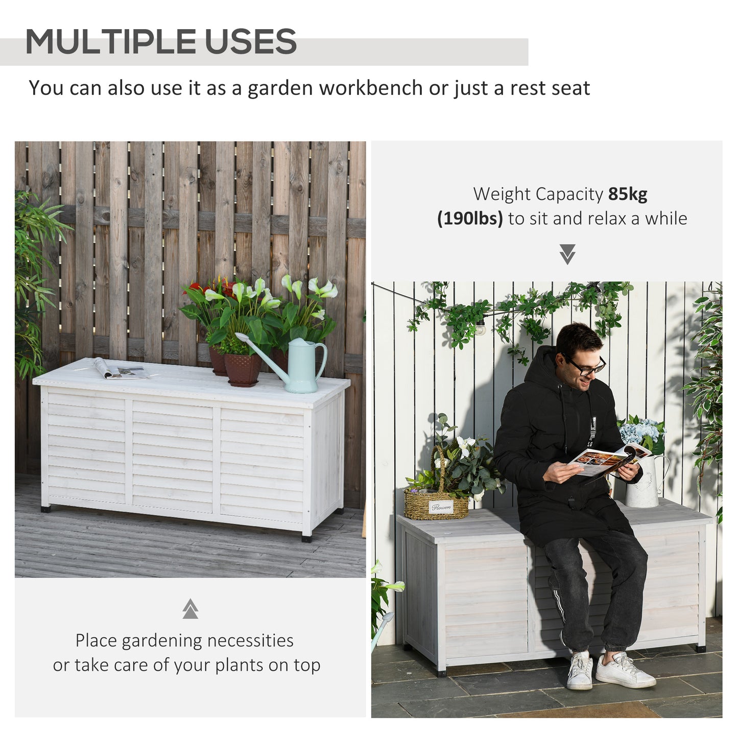 75 Gallon Wooden Storage Box patio Deck Box Bench, Garden Backyard Outdoor Storage Container with Aerating Gap & Weather